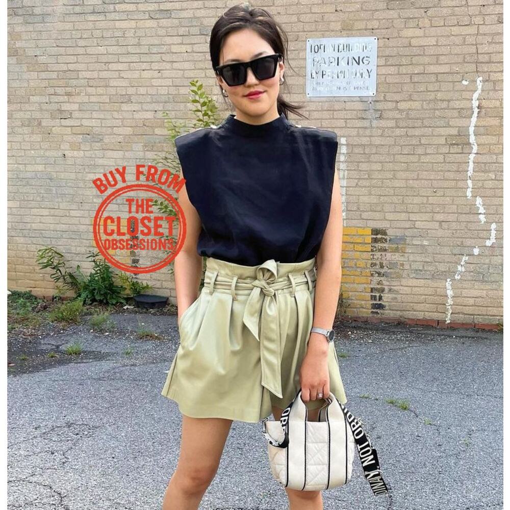 ZARA Faux Leather Paperbag Shorts NWT Sage Green High Waist Belted Size L